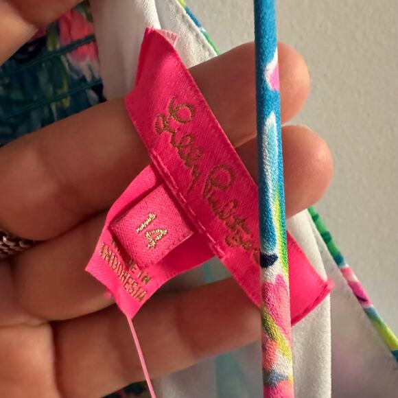 New Lilly Pulitzer Cadie Cami Top Turquoise Tie Front Smocked Sleeveless Sz 14 - Picture 4 of 7